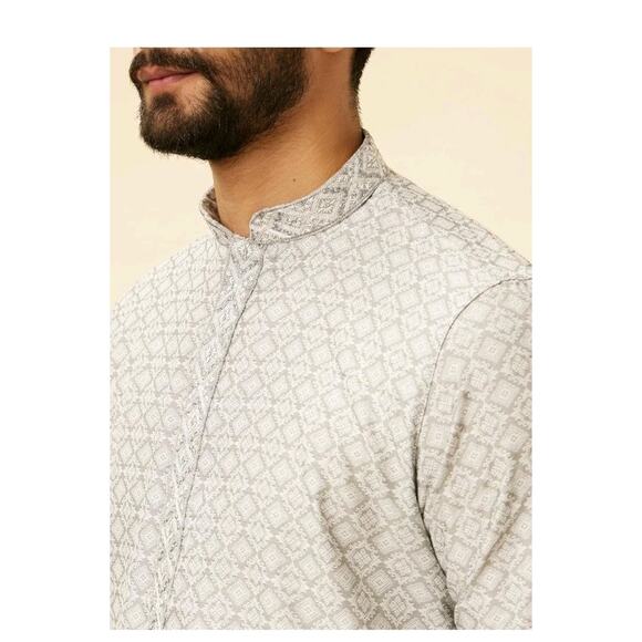 Manyavar Men Blended Cotton Embroidered Kurta Pyjama Set SZ L Gray Top - Picture 3 of 12